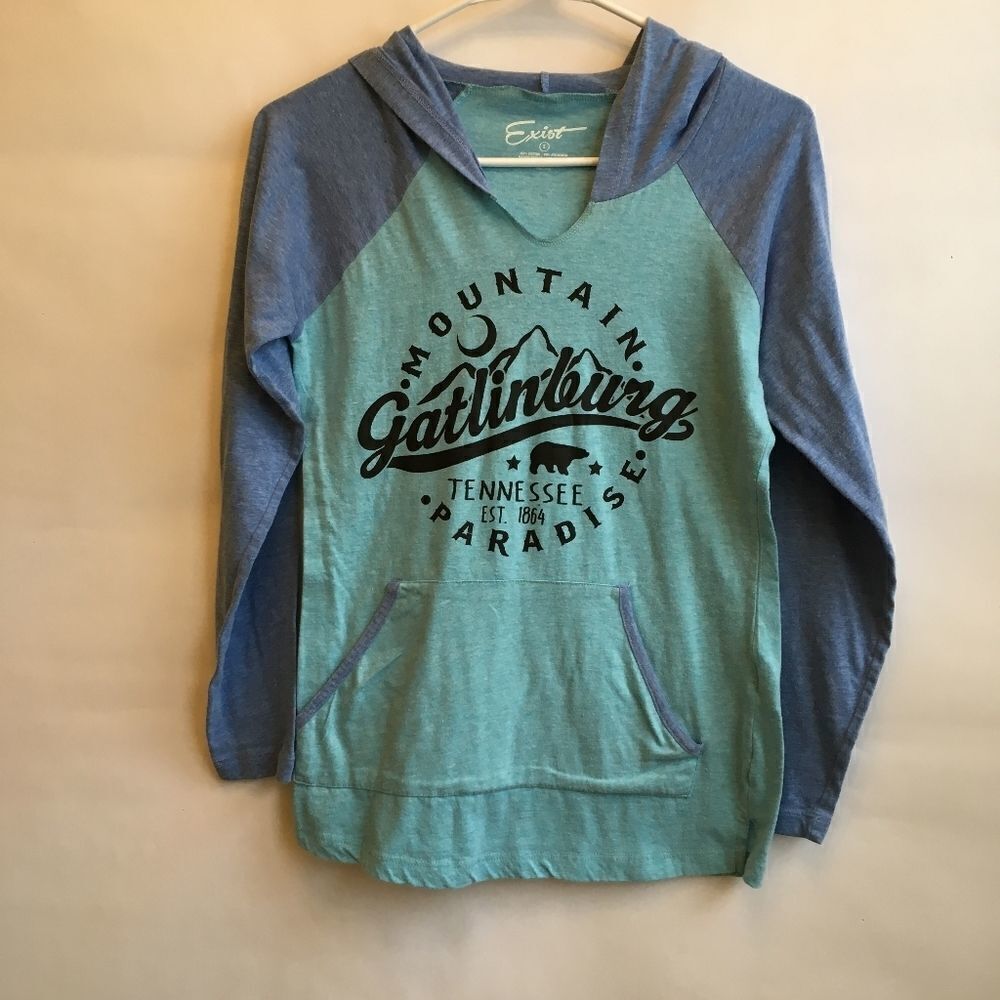 Exist Women's Raglan Hoodie Tee in Teal and Blue